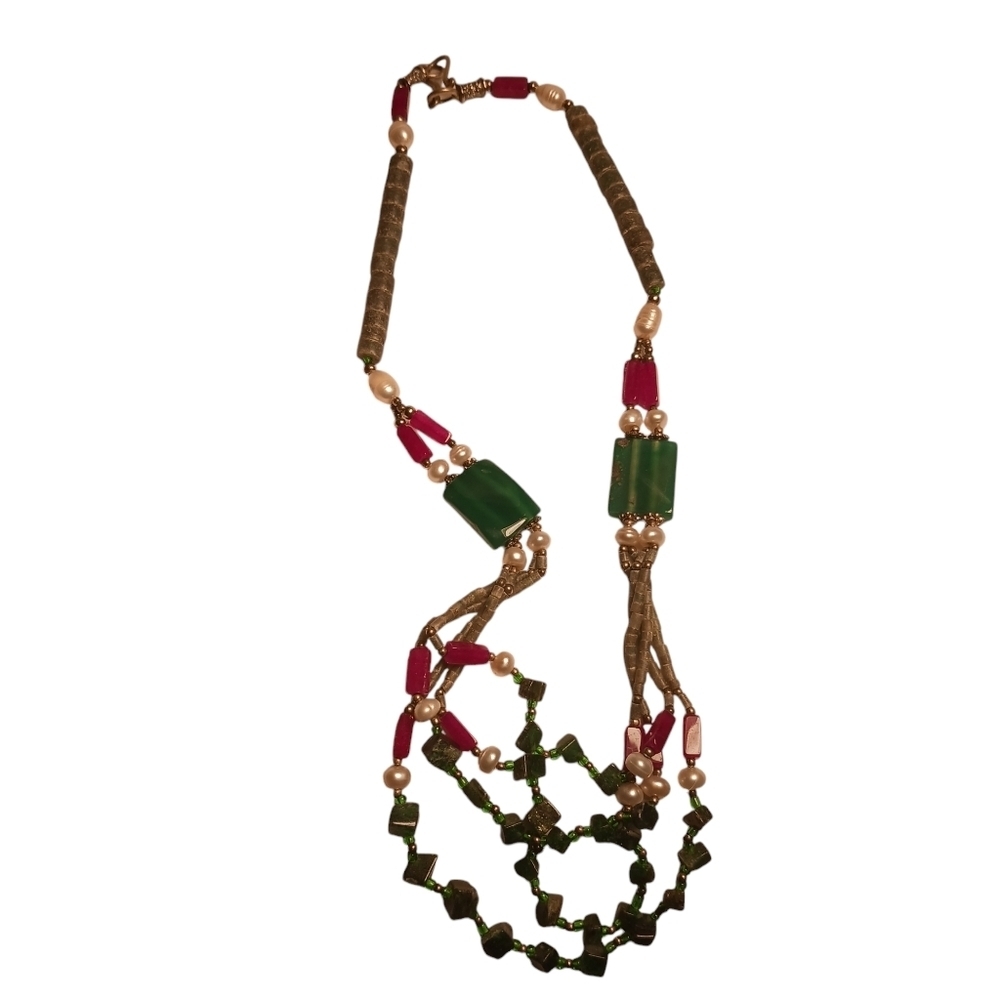 Colorful BEADED Necklace Vintage Green Stones & Freshwater  Pearls Clay RED